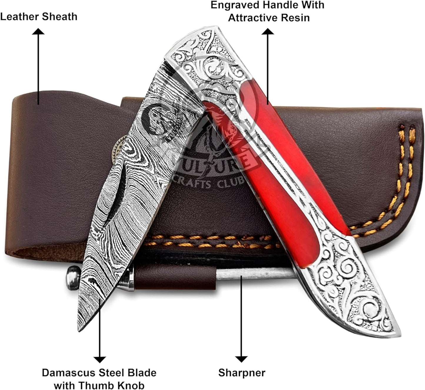 KD Folding Pocket Knife Damascus Steel with Clip and Leather Sheath
