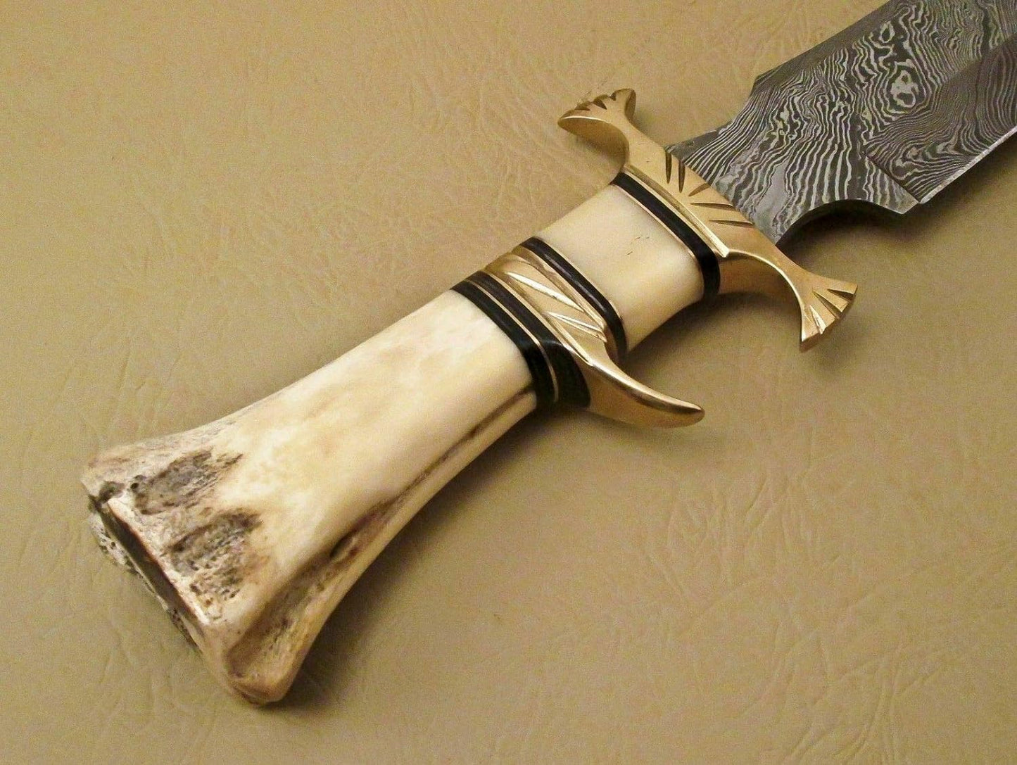 KD Damascus Hunting Knife Firm Grip Handle Made of Camel Bone with Sheath