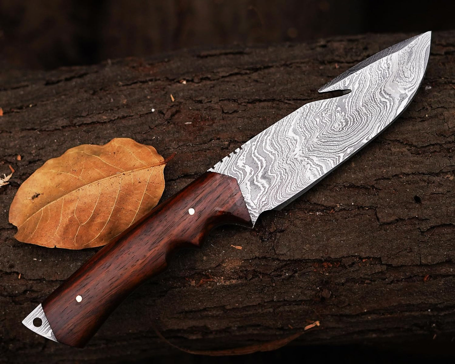 KD Handmade Hunting Knife Damascus Steel Knife with Leather Sheath