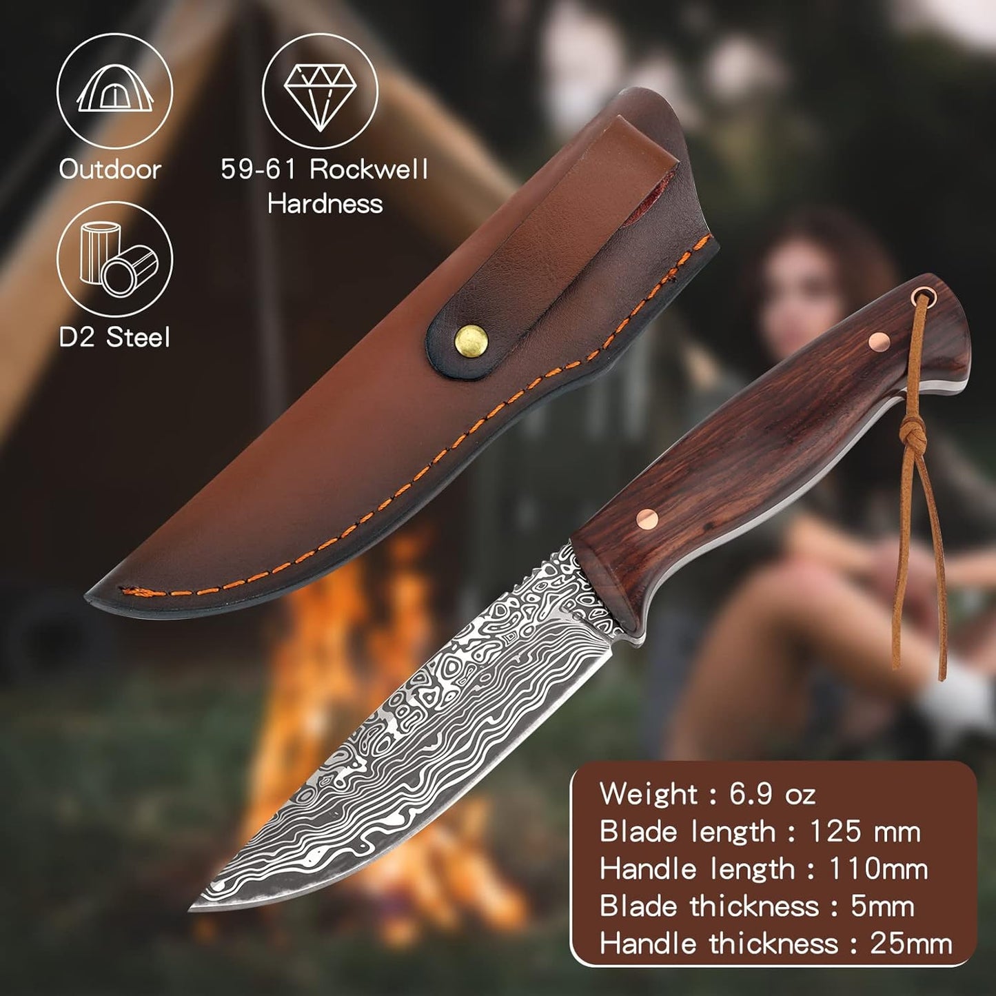 KD Hunting Knife Sharp Blade Knife for Camping Outdoor with Leather Sheath