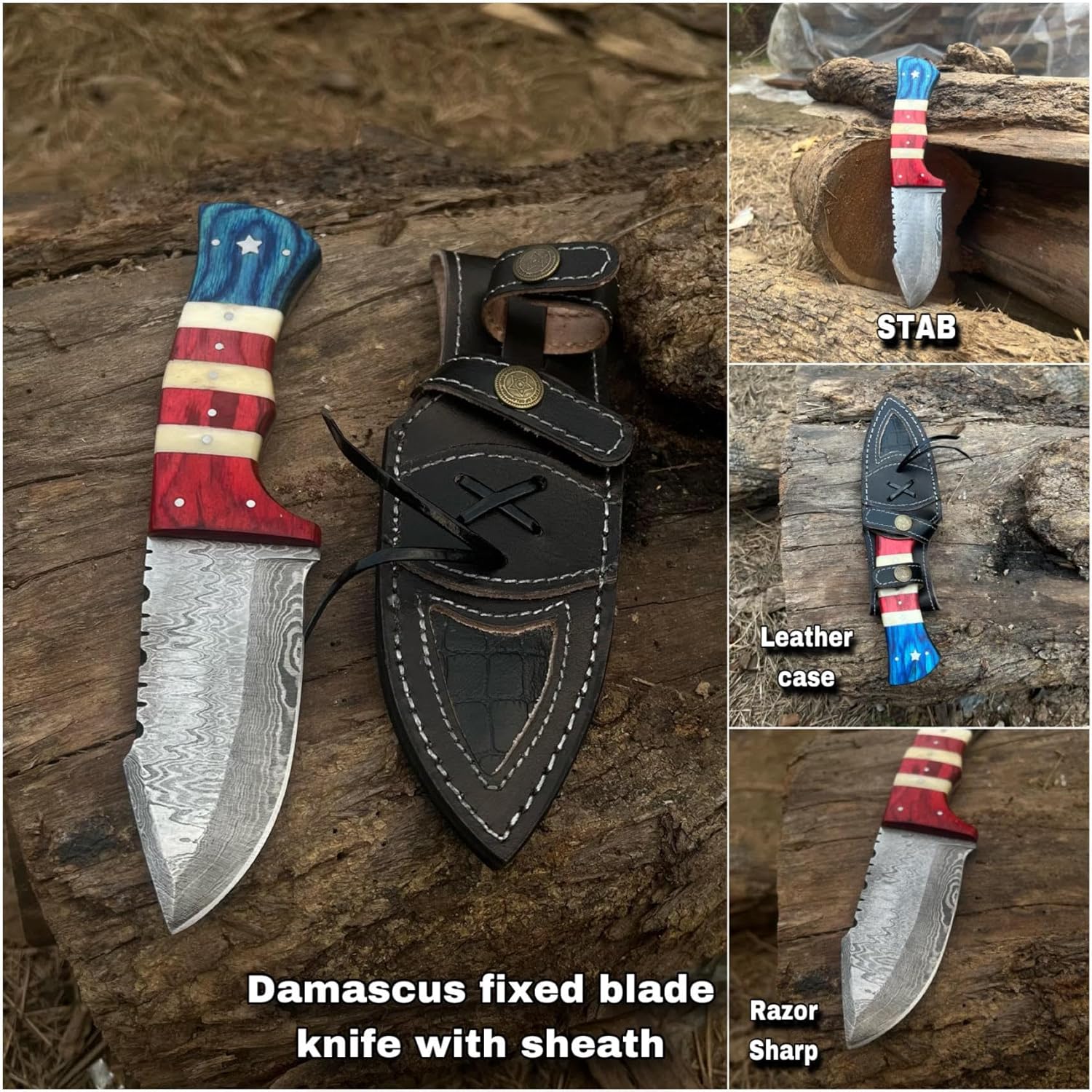 KD Hunting Knife 9 Damascus Steel with Leather Sheath – Knife