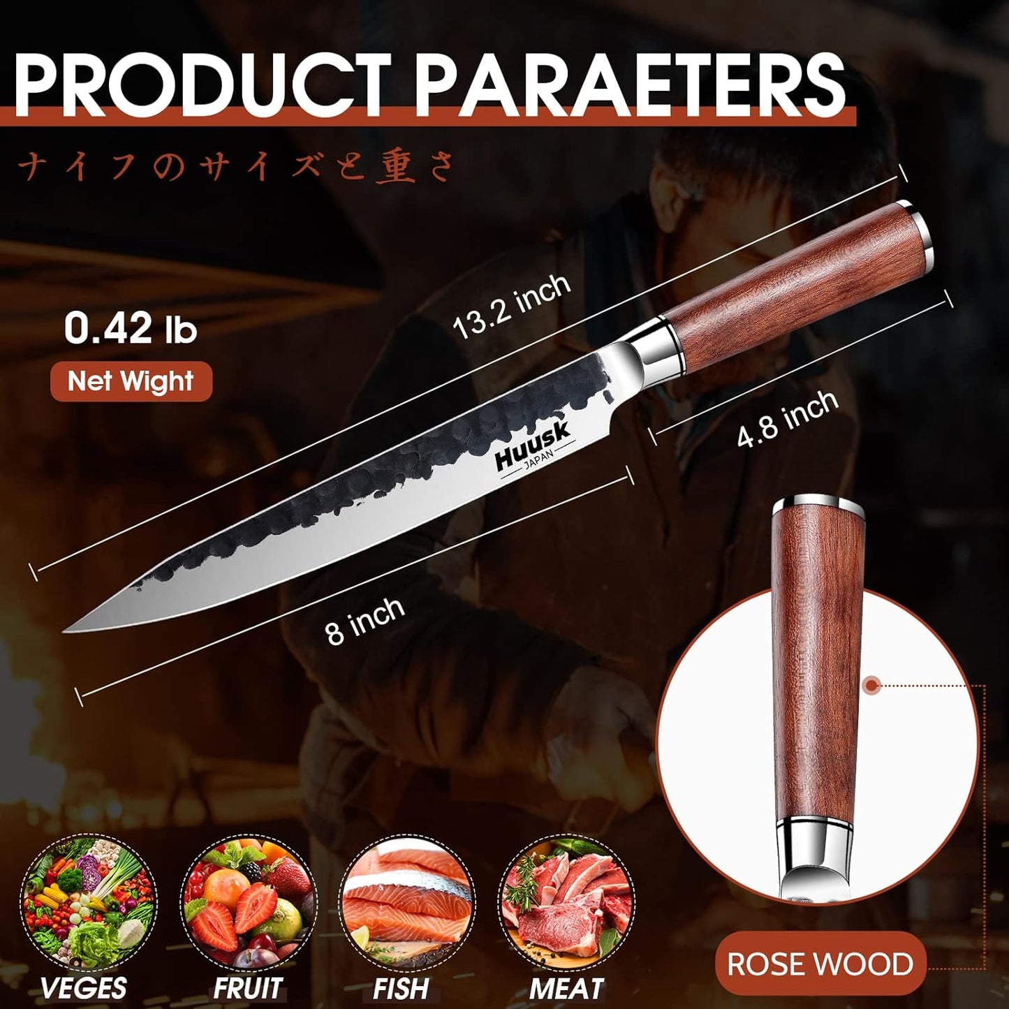 KD Japanese Sushi Knife 8 Inch Hand Forged Sashimi Knife