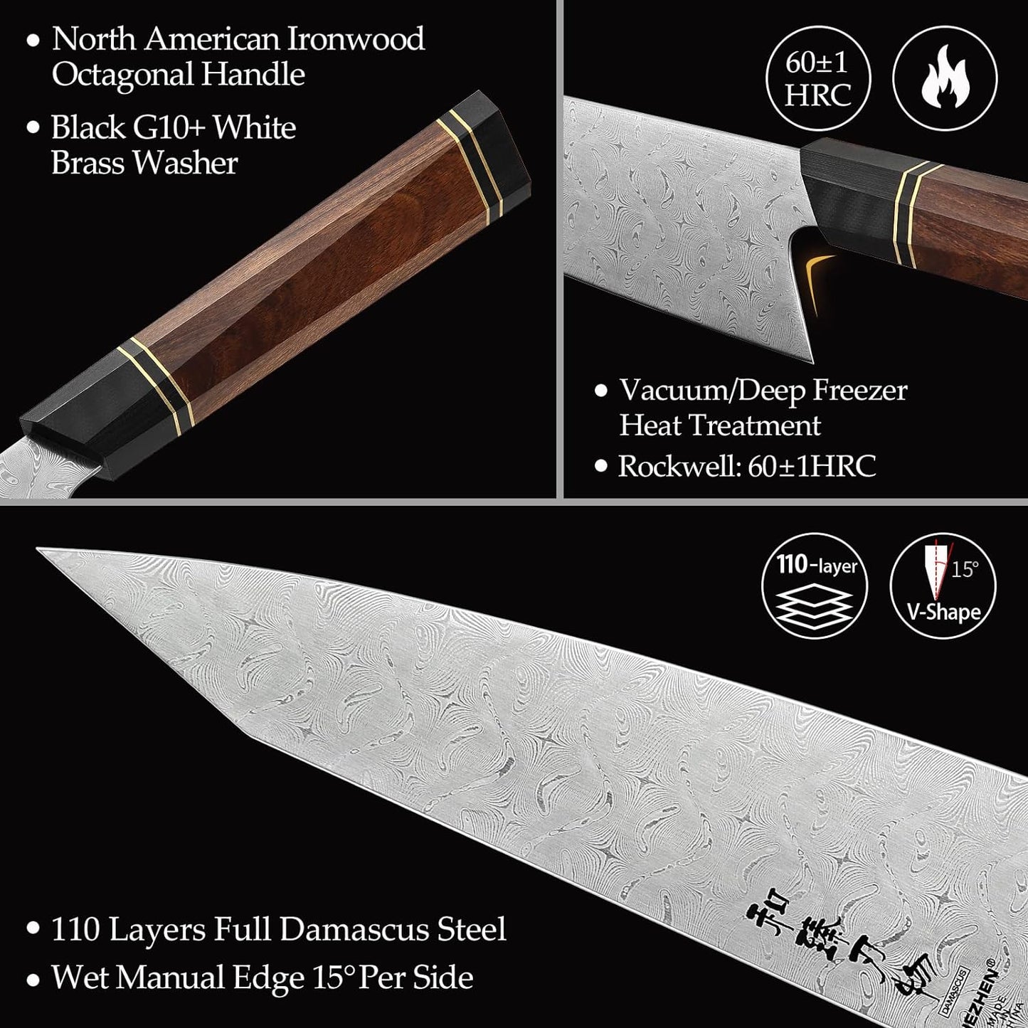 KD Kiritsuke Chef Knife 110 Layers Damascus Steel with Wooden Sheath & Box