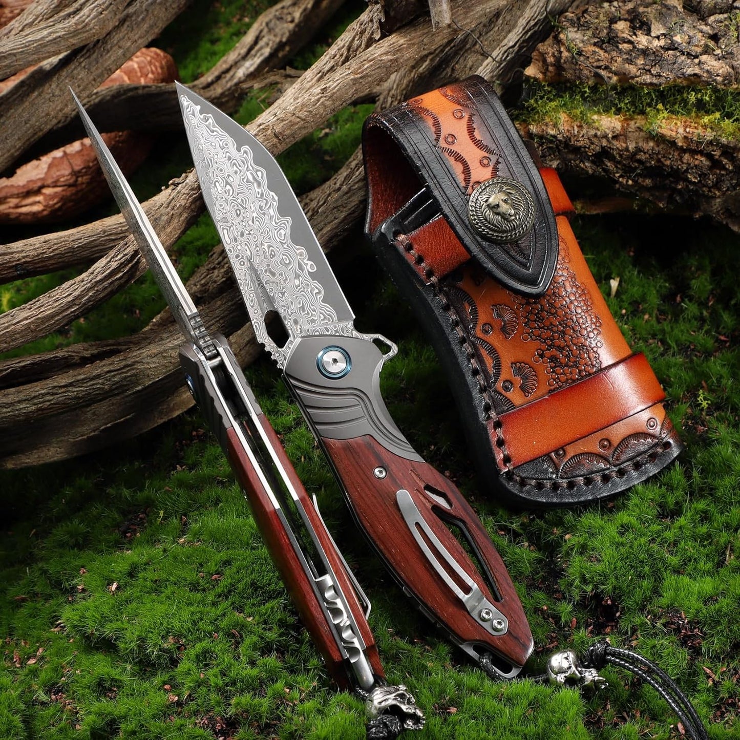 KD Pocket Folding Knife Damascus steel with leather cover Pocket back clip