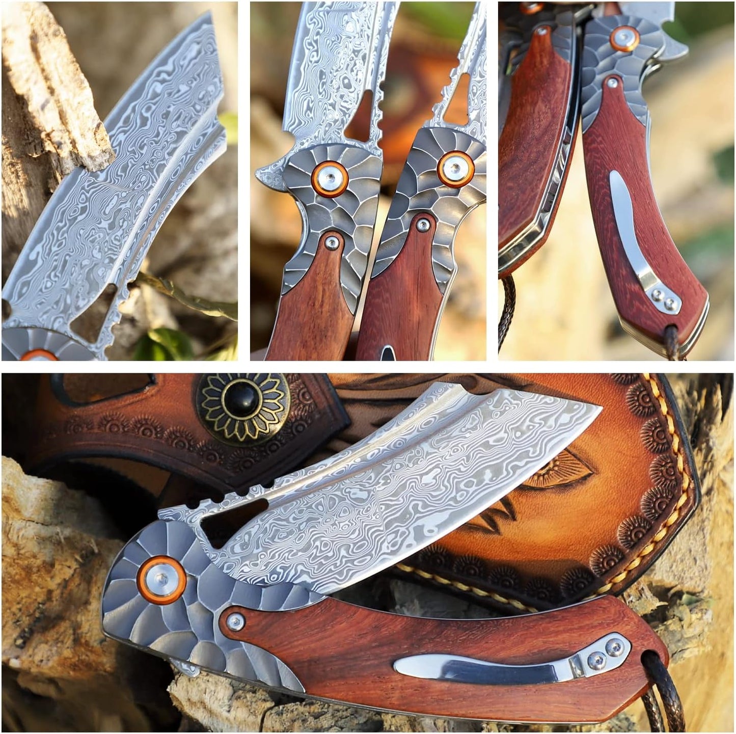 KD Pocket Folding Knife Damascus Steel with leather case pocket clip