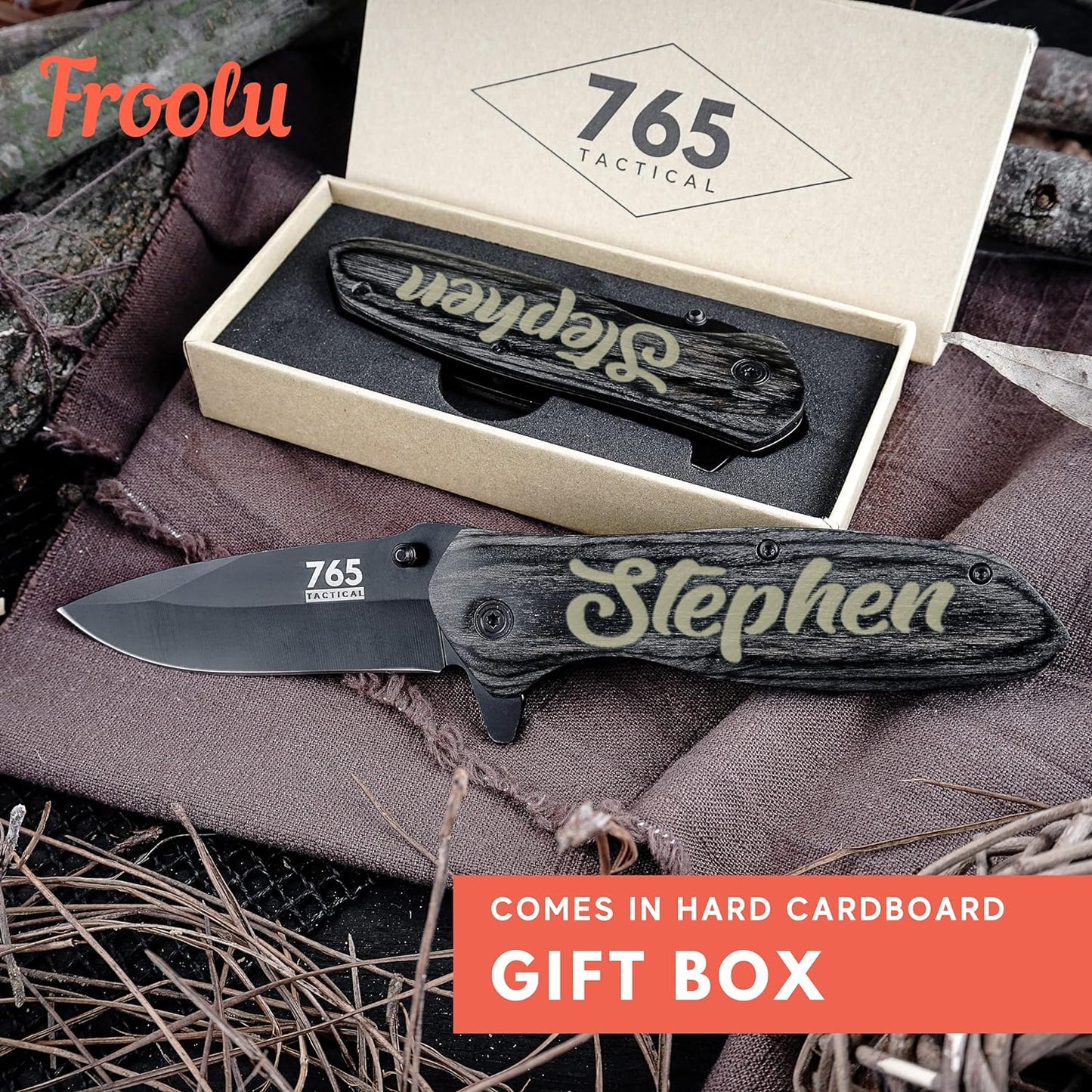 KD Engraved Pocket Folding Knife Gift for Men with Wood Box