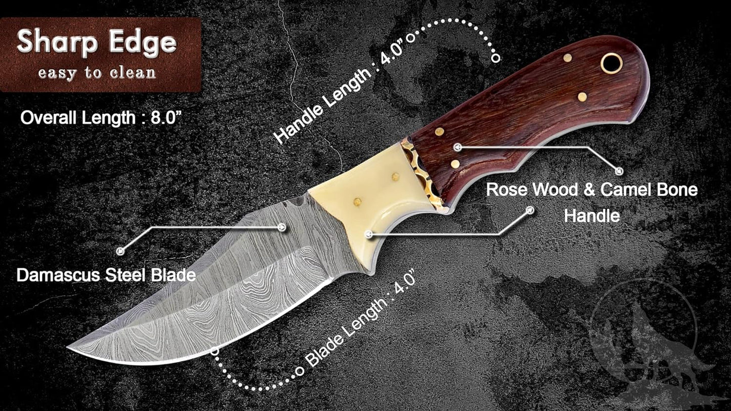 KD Hunting Knife Bushcraft Knife Damascus Steel With Sheath