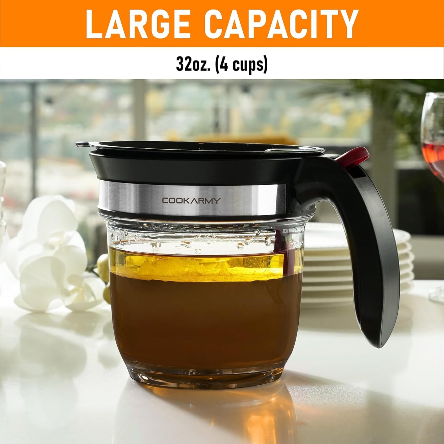 KD Fat Separator with Bottom Release 4 Cup Gravy Separator for Cooking with Oil Strainer