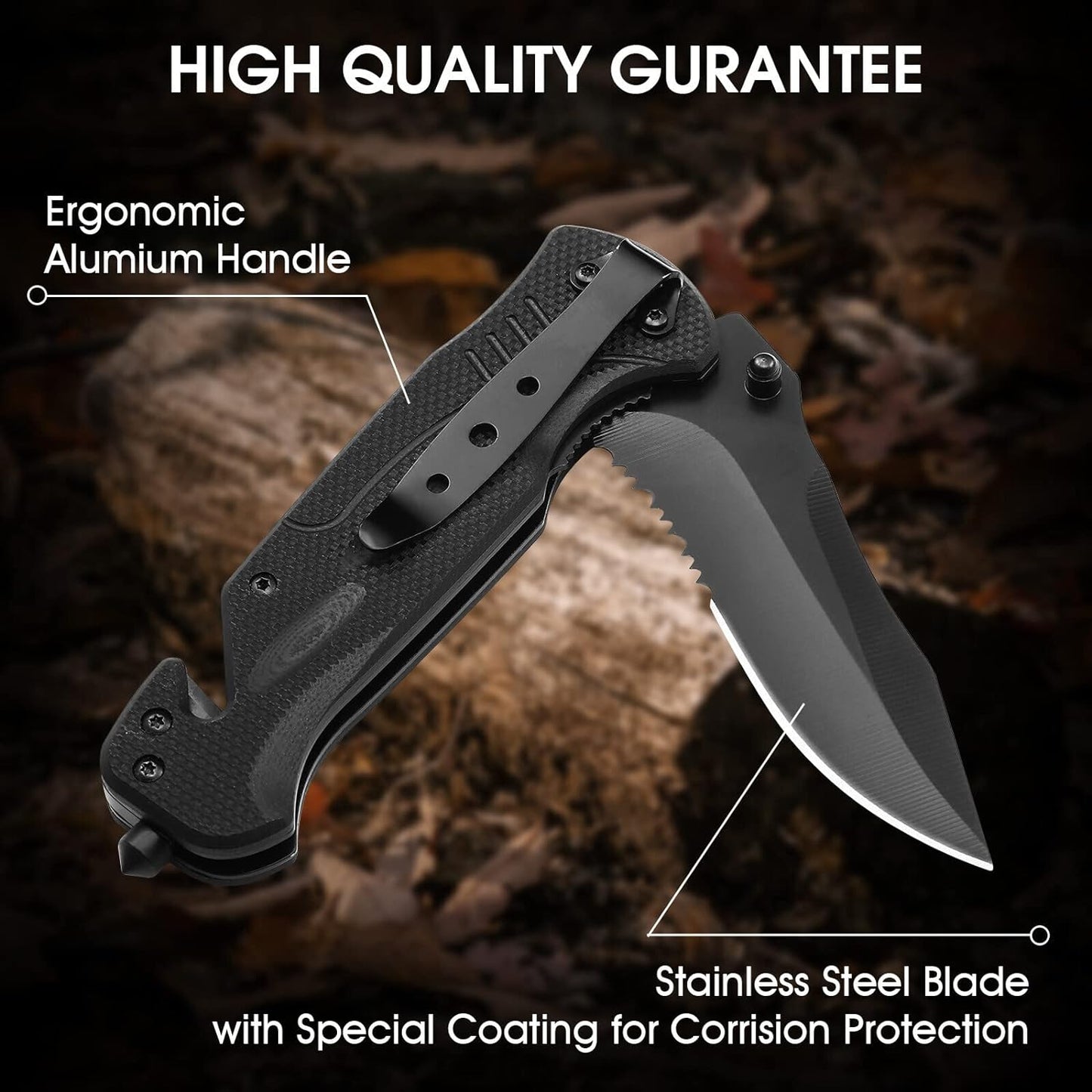 KD Pocket Folding Knife with Glass Breaker Seatbelt Cutter and Belt Clip