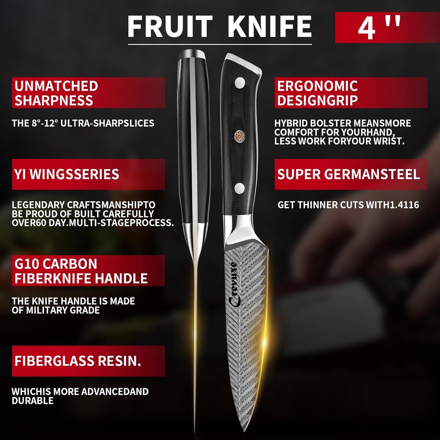 KD Paring Knife 4" German Stainless Steel G10 Handle