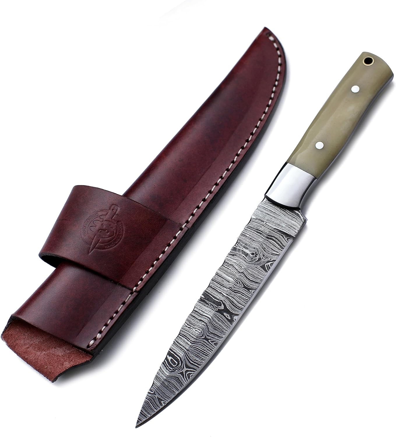 KD Hunting Knife Damascus Steel for Camping with Leaf Shape Leather Sheath