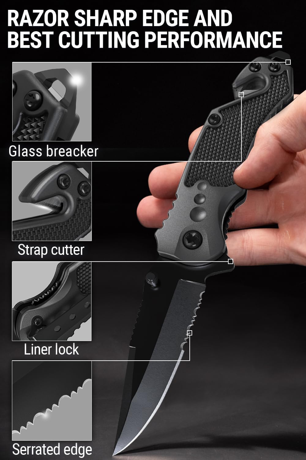 KD 3” Serrated Blade Pocket Knife with Glass Breaker and Seatbelt Cutter