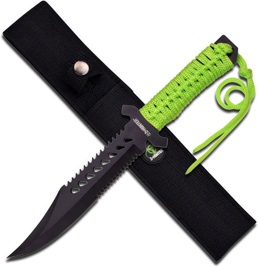 KD Hunting Knife Partially Serrated Black Steel Blade with Nylon Sheath