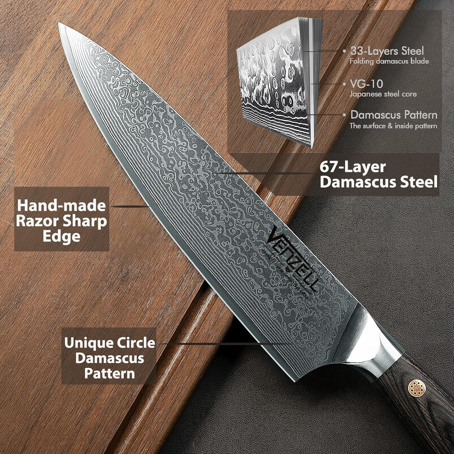 KD 67-Layer Damascus Steel Chef Knives Gift Sharpener & Box