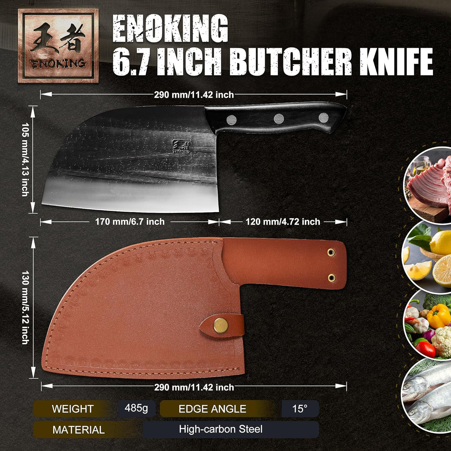 KD Serbian Cleaver Knife with Leather Sheath: 6.7 Inch Butcher Knife