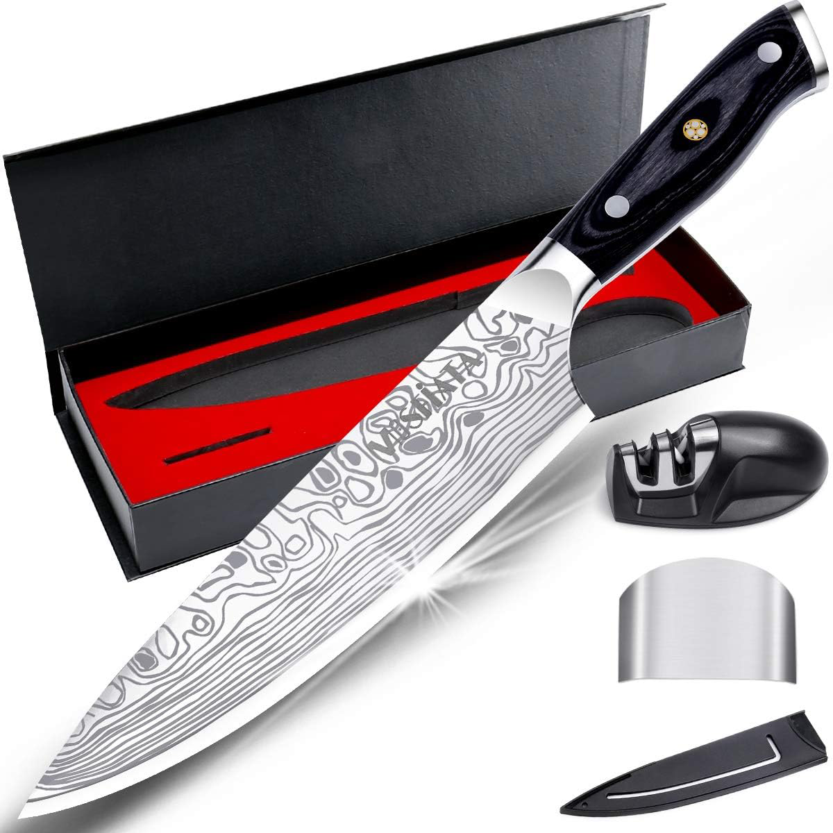 KD 8-Inch Chef's Knife with Finger Guard and Sharpener  with Gift Box