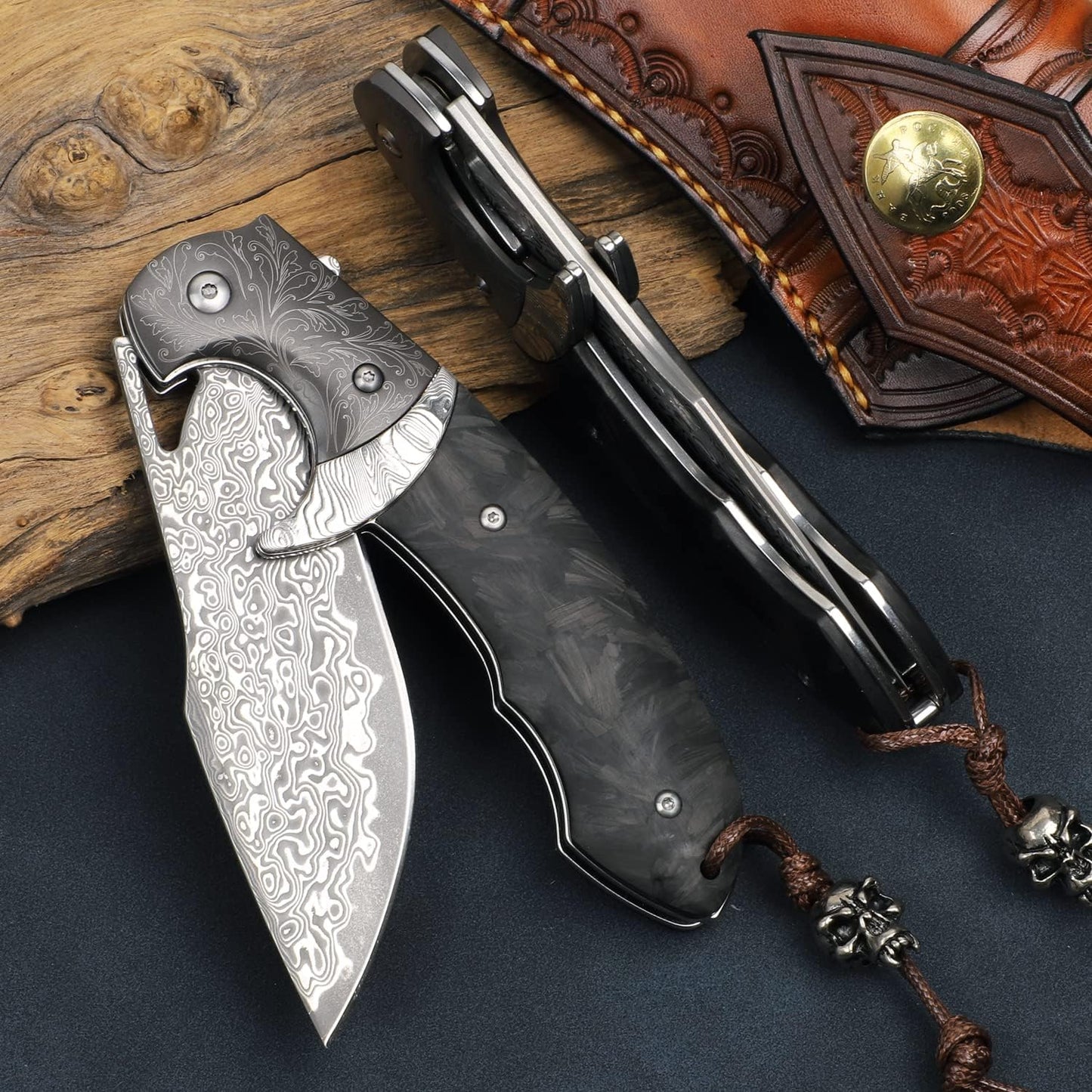 KD Pocket Folding Knife Hunting Knife with leather case