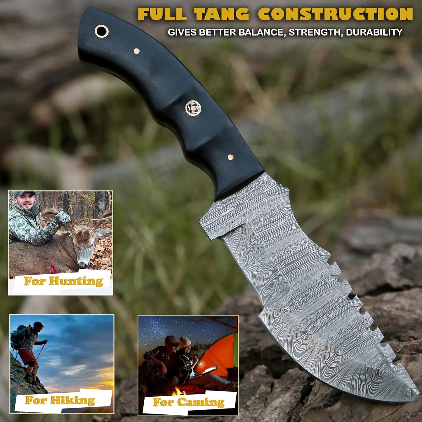 KD Hunting Knife 10" Damascus Steel Knife for Camping Outdoor with Sheath