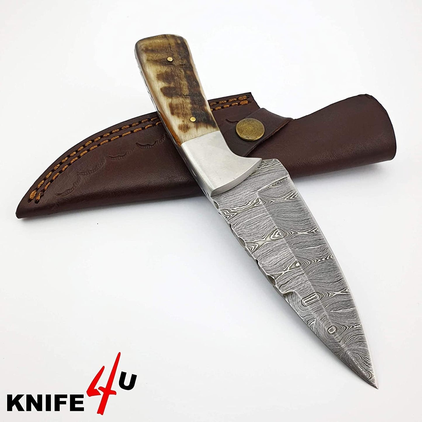 KD Hunting Knife 8" Damascus Steel with Sheath for Camping Outdoor