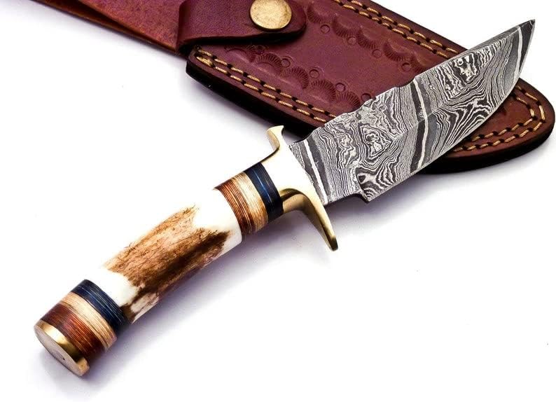 KD Damascus Steel Hunting Knife Camping Outdoor with Leather Sheath