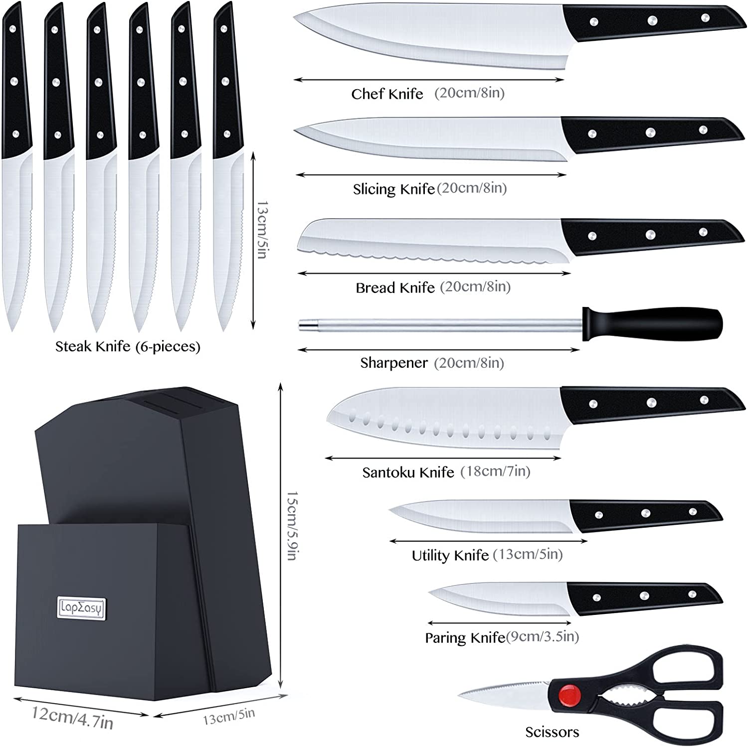 Kitchen Knife Set; LapEasy 15 Piece Knife Sets with Block Chef