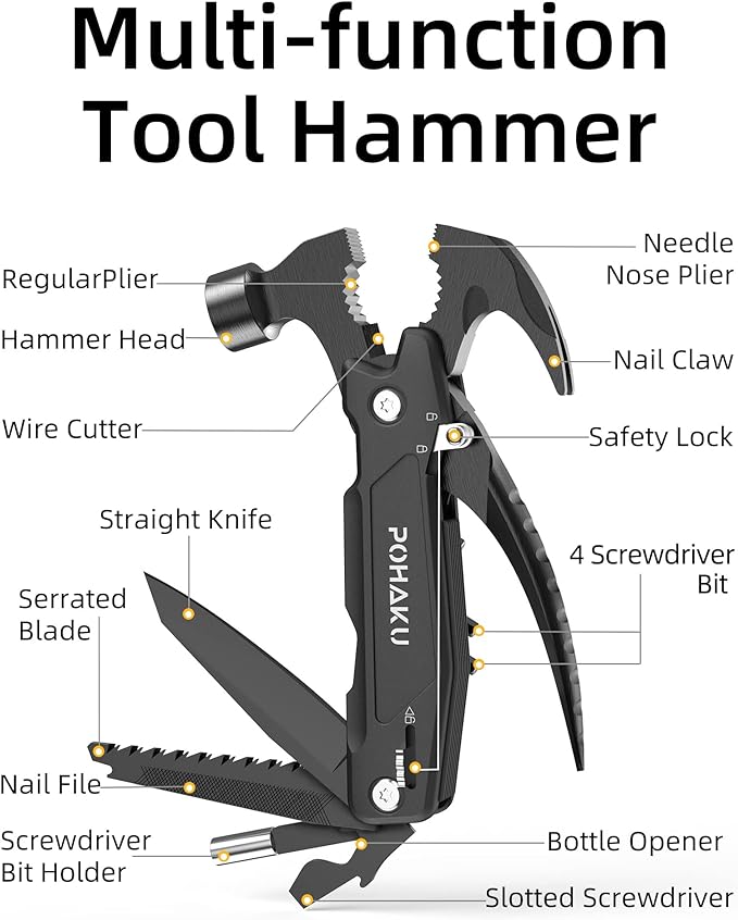 KD 14-in-1 Multitool Hammer, Screwdriver Bits Set, Pocket Knife for Camping
