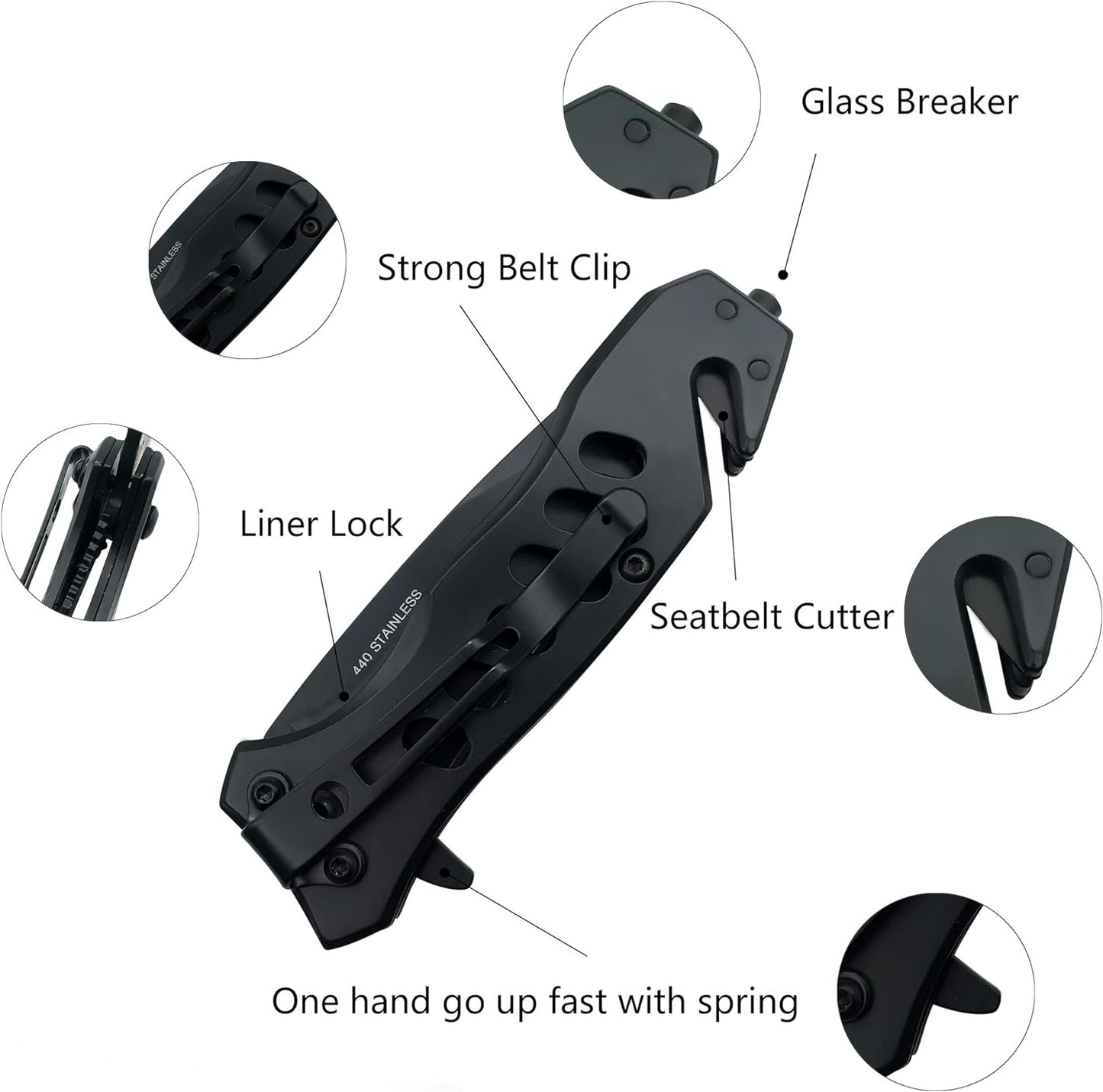 KD Pocket Knife with Liner Lock Pocket Clip Glass Breaker Seatbelt Cutter