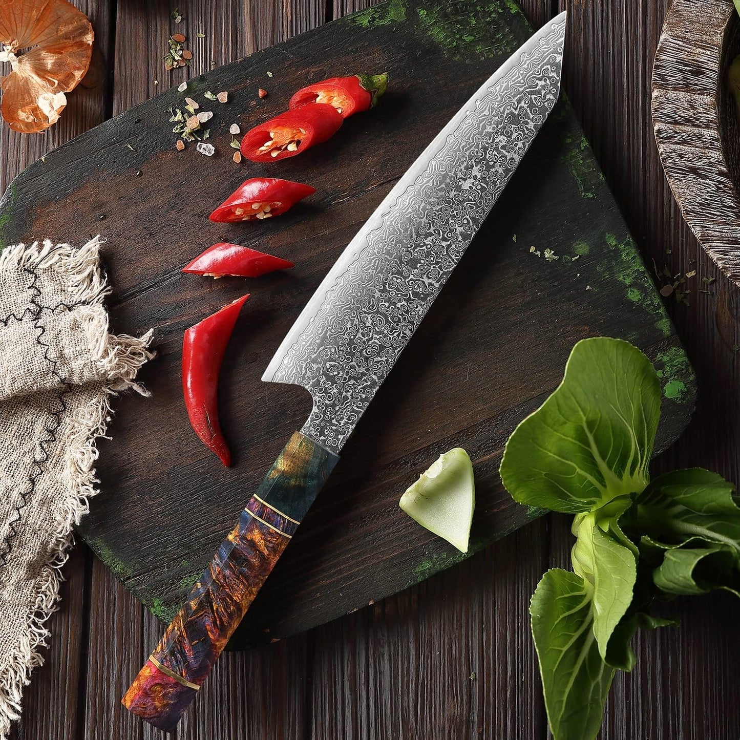 KD Japanese Kiritsuke Chef Knife 8" Damascus Steel Kitchen Knife with Sheath