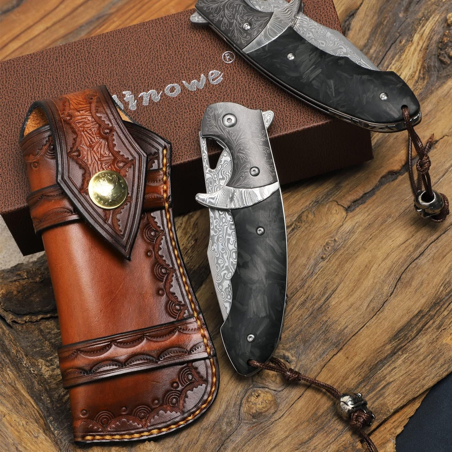 KD Pocket Folding Knife Hunting Knife with leather case