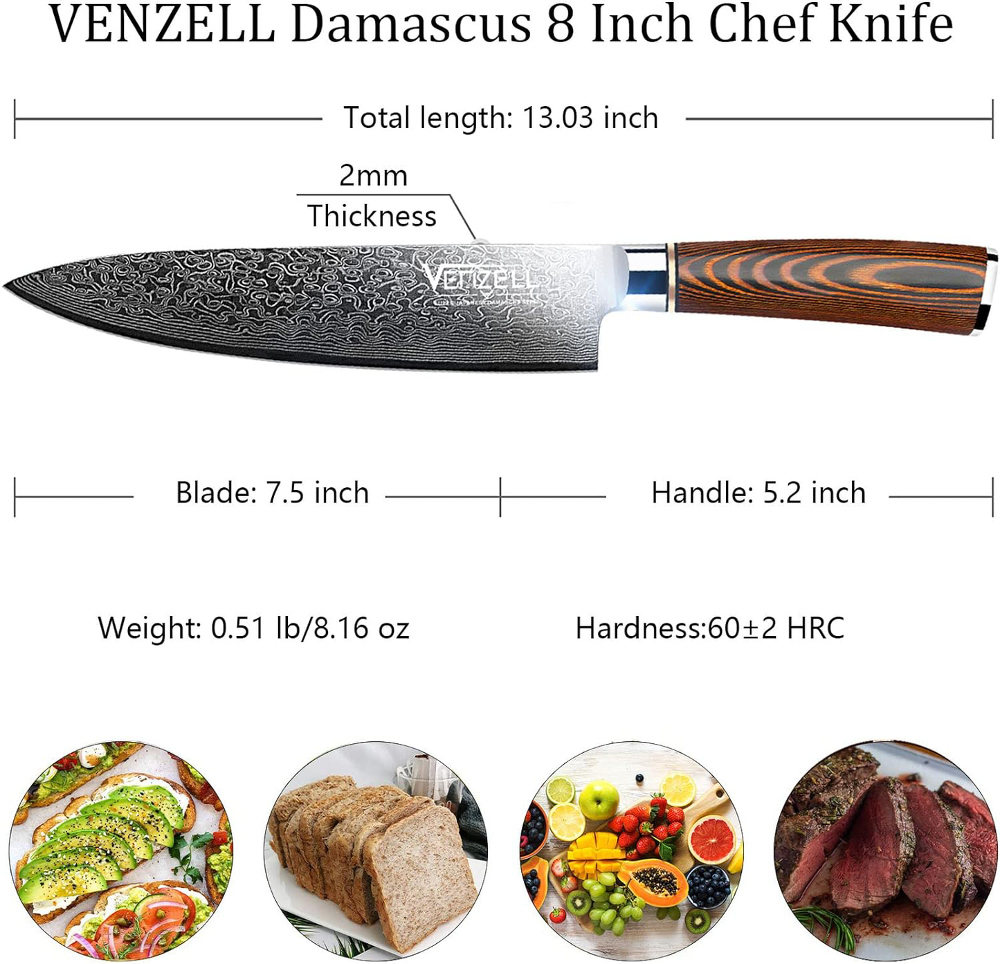 KD Japanese 67-Layer Damascus Steel Blade: 8-Inch Chef Knife