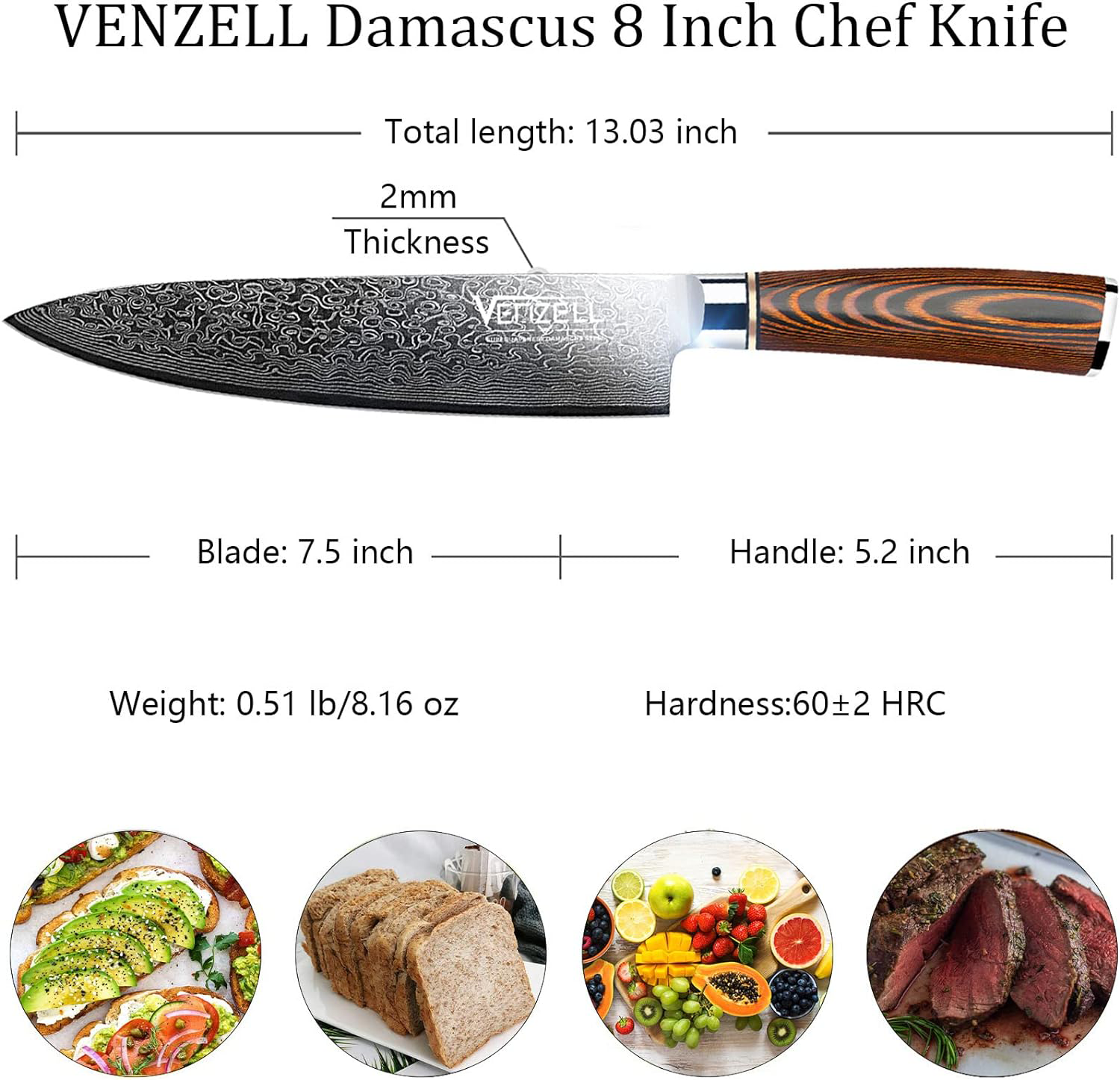 VENZELL 8 inch Chef Knife, Damascus Kitchen Knife, 8 inch Kitchen Knife,  Professional Chef Knife with Ergonomic Handle, Cooking Knife, Damascus Chef