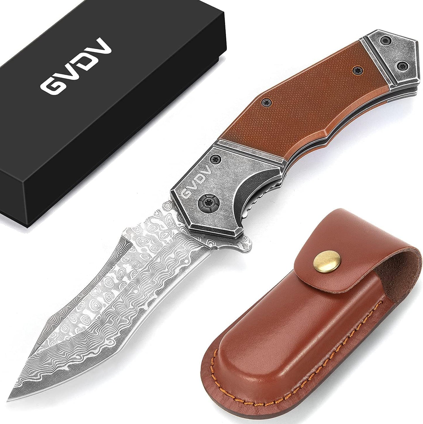 KD Pocket Knife Damascus Steel with G10 Handle with Leather Sheath