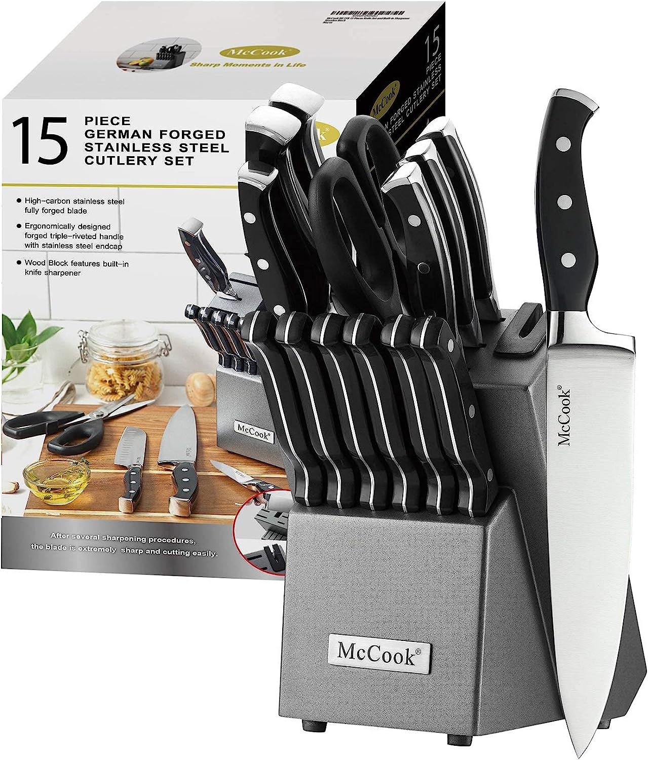 KD Kitchen Knife Block Set German Stainless Steel Knife with Built-In Sharpener
