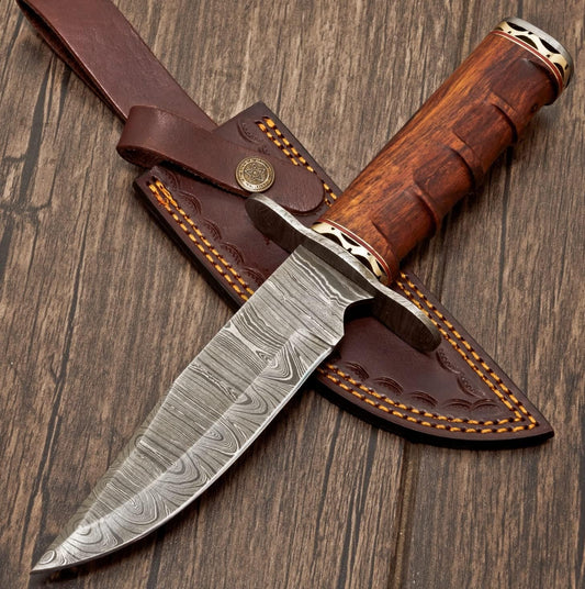 KD Hunting Knife 11" Damascus Steel Hunting Knife With Leather Sheath