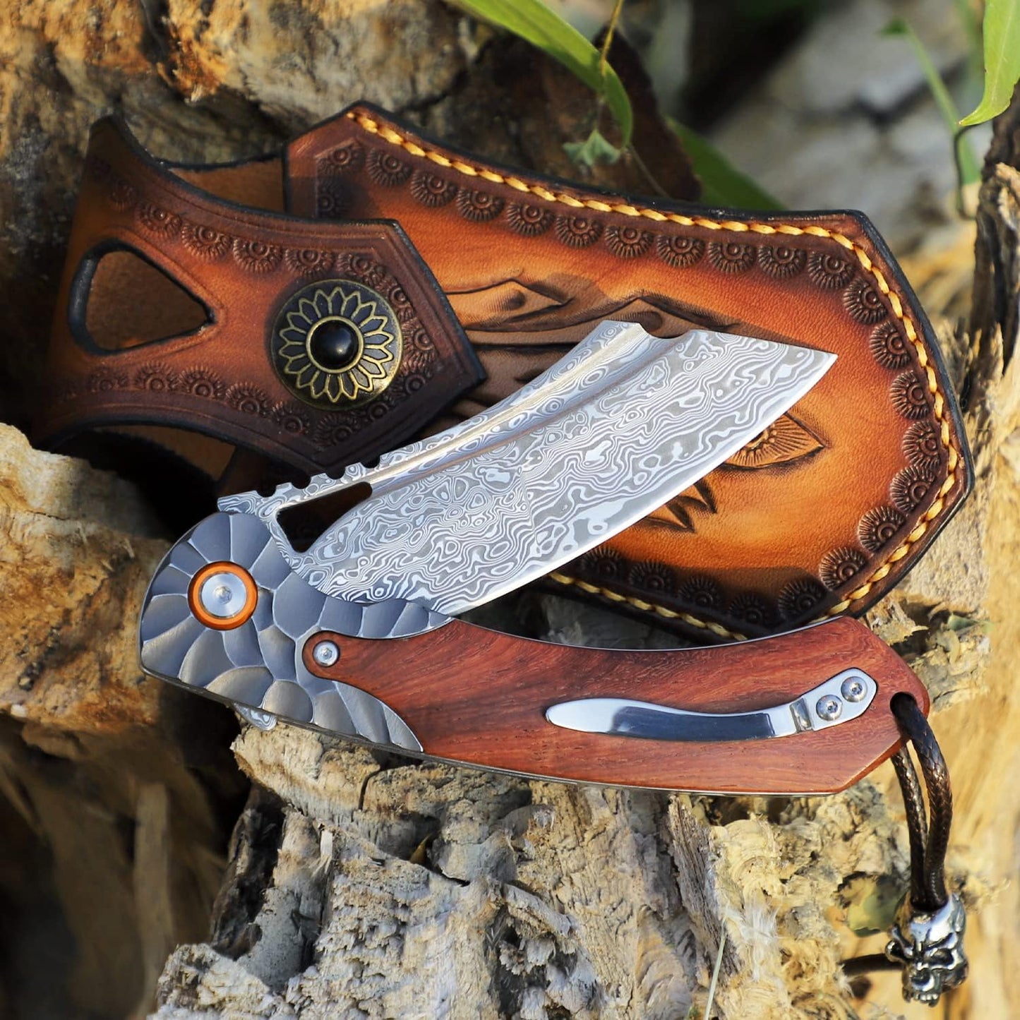 KD Pocket Folding Knife Damascus Steel with leather case pocket clip