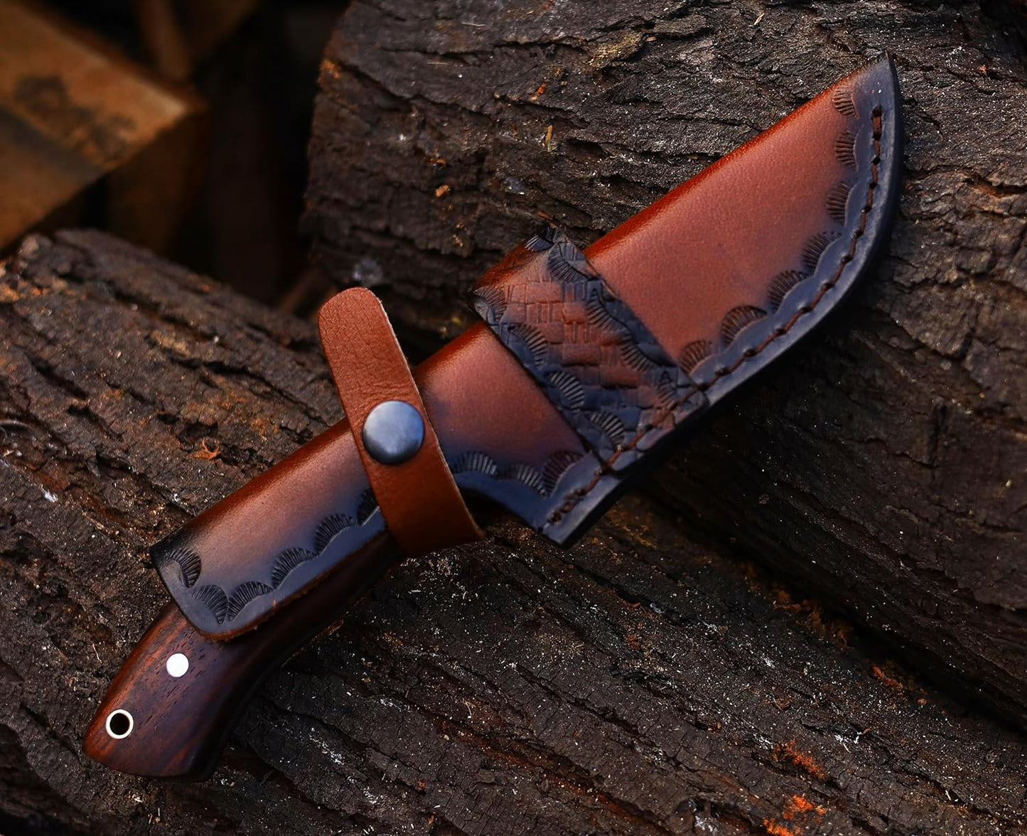 KD Hunting Knife Damascus Steel knife Bushcraft knife with Leather Sheath