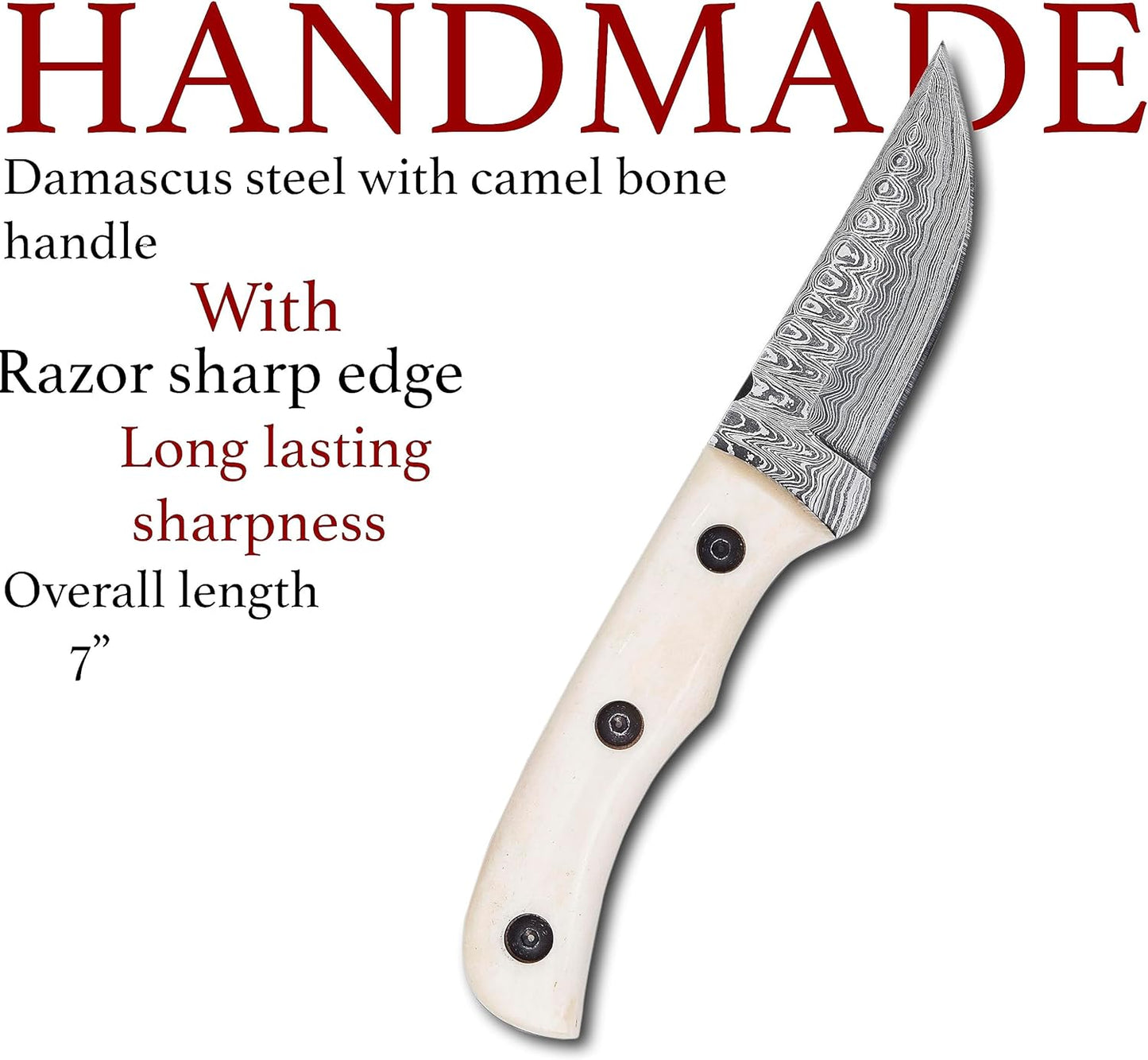 KD Hunting Damascus Knife Majestic Camel Bone Handle with Leather Sheath
