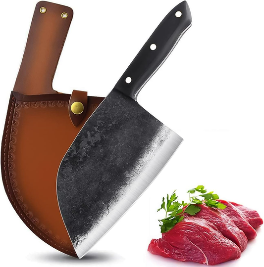 KD Serbian Cleaver Chef Knife Forged High Carbon Clad Steel Almasi With Leather Sheath