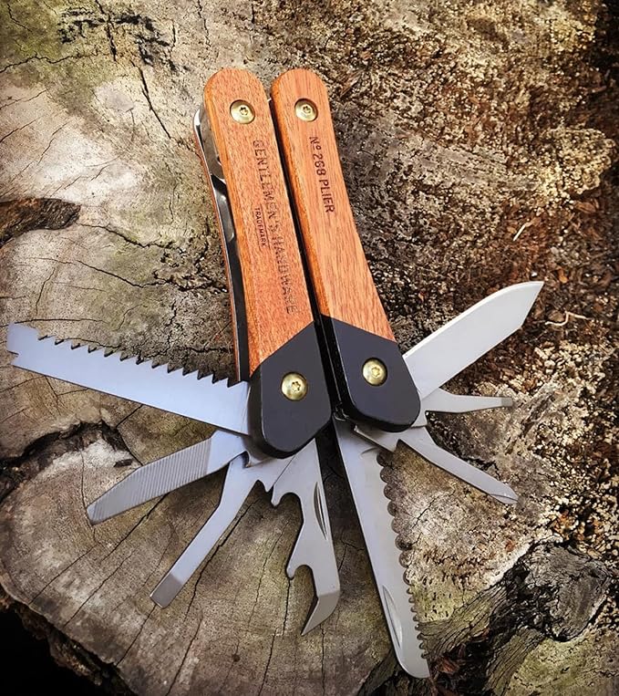 KD Wood-Handled Multi-Tool,12-in-1, Pliers, Knife, Wire Cutters, Screwdriver, Bottle Opener, File