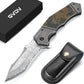 KD Pocket Knife Damascus Steel with G10 Handle with Leather Sheath