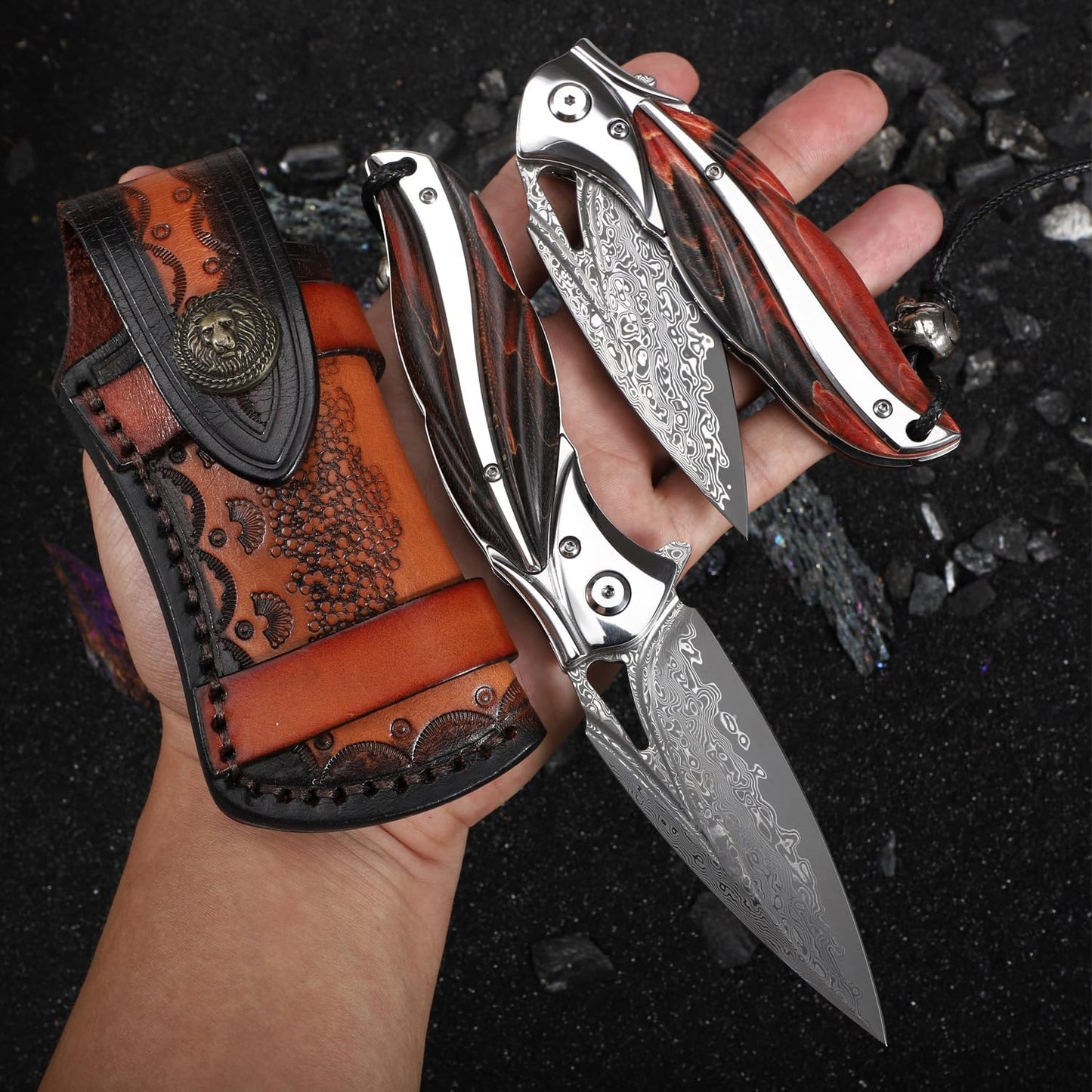 KD Japanese Pocket Knife VG10 Damascus steel Folding Knife with Leather Case