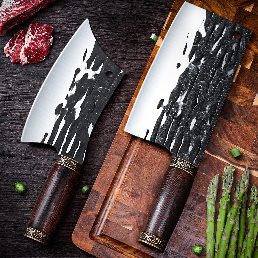 KD Chinese Forged Butcher Kitchen Knives Chef Cleaver Handmade High Carbon Steel Knives