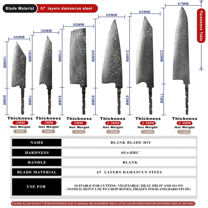 KD Japanese Kitchen Chef Knife Blank Blade DIY Damascus Steel VG10