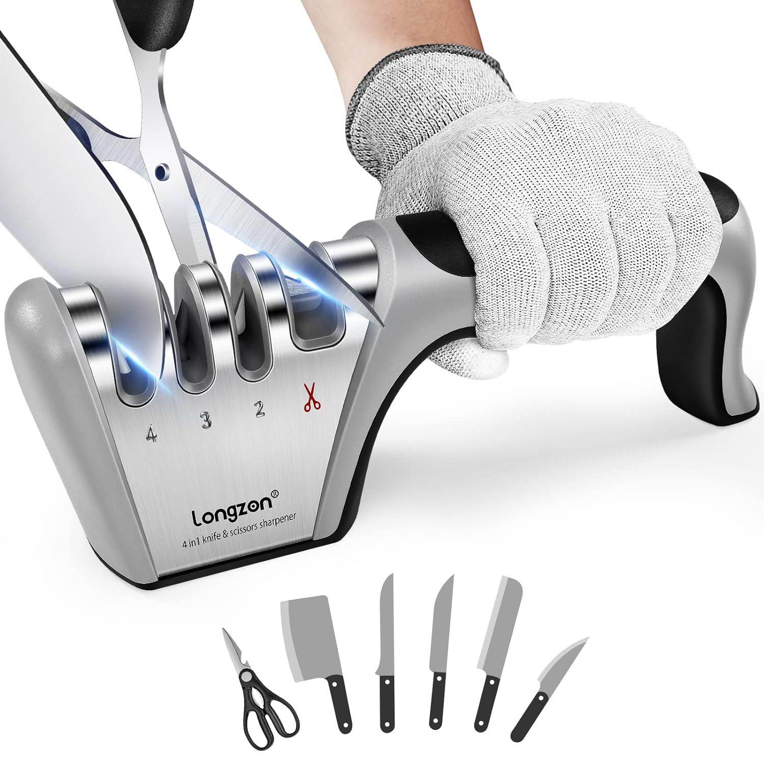 KD 4-In-1 Knife Sharpener with a Pair of Cut-Resistant Glove