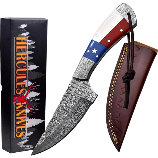 KD Forged Damascus Steel Camping Hunting Knife with Leather Sheath