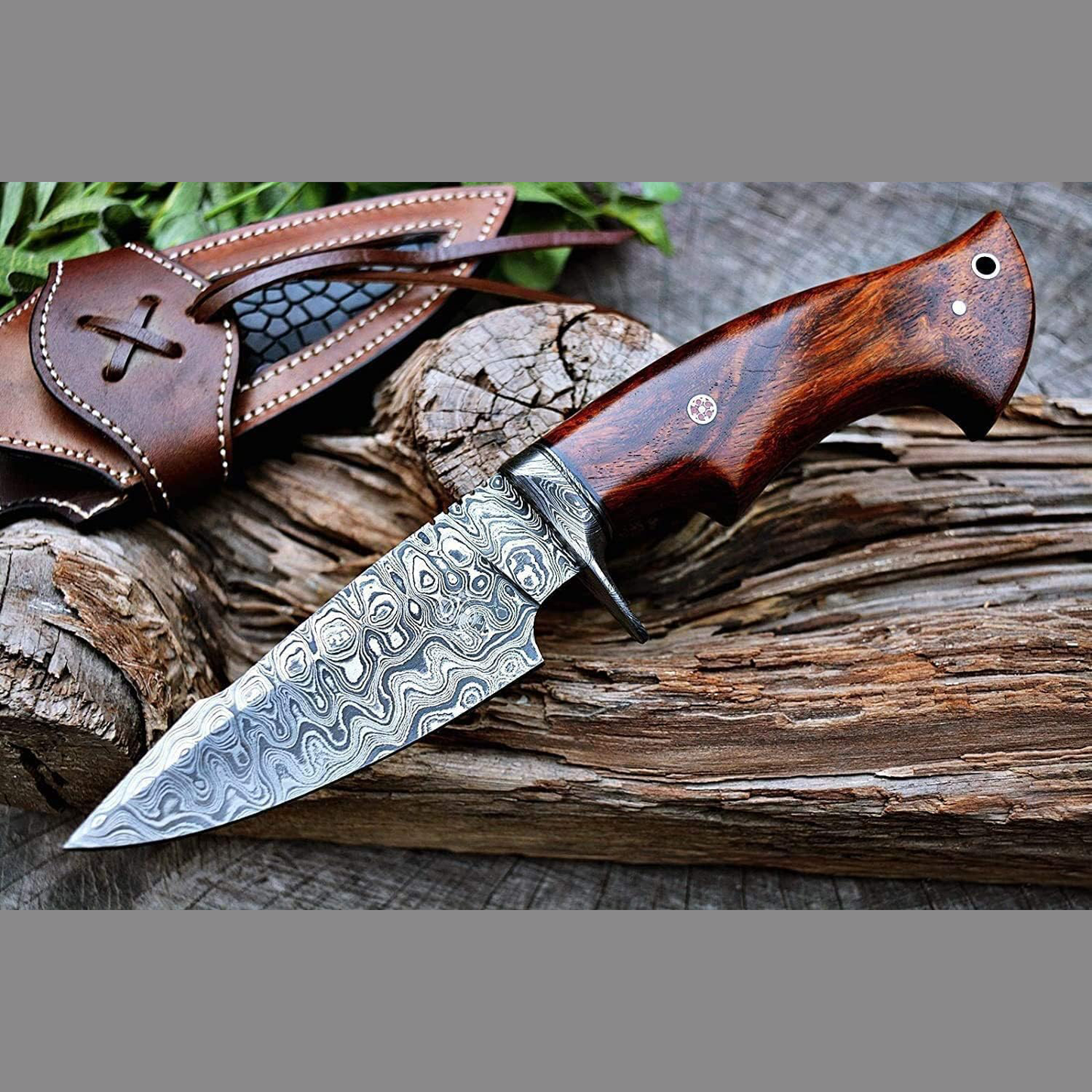 KD Hunting Knife 10″ Handmade Damascus Steel Knife with Leather Sheath