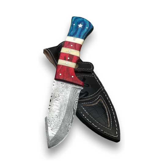 KD Hunting Knife 9" Damascus Steel with Leather Sheath