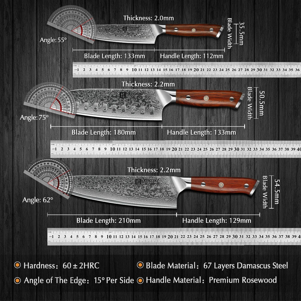 XINZUO 3PCS Pro Kitchen Knife Sets Japanese forged Damascus Steel