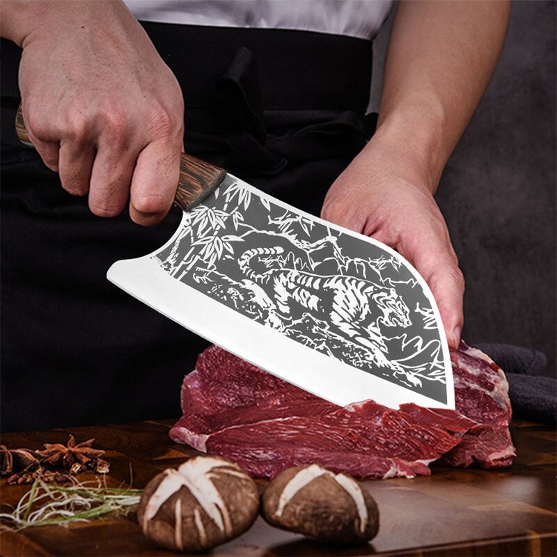 KD Serbian Chopping Chef Kitchen Knife Tiger Pattern Chopping Cutting Stainless Steel Camping Knife