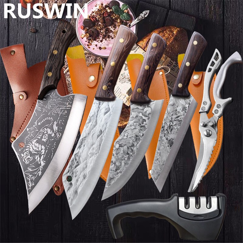 MDHAND 2 Piece Kitchen Knife Set,Outdoor Camping Cooking Knife,5.7'' Viking  Knives Chef Knife Full Tang Kitchen Boning Knives,Black 